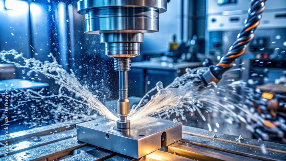 Aufkleber state-of-the-art cnc machine in operation within a manufacturing environment, with coolant actively 