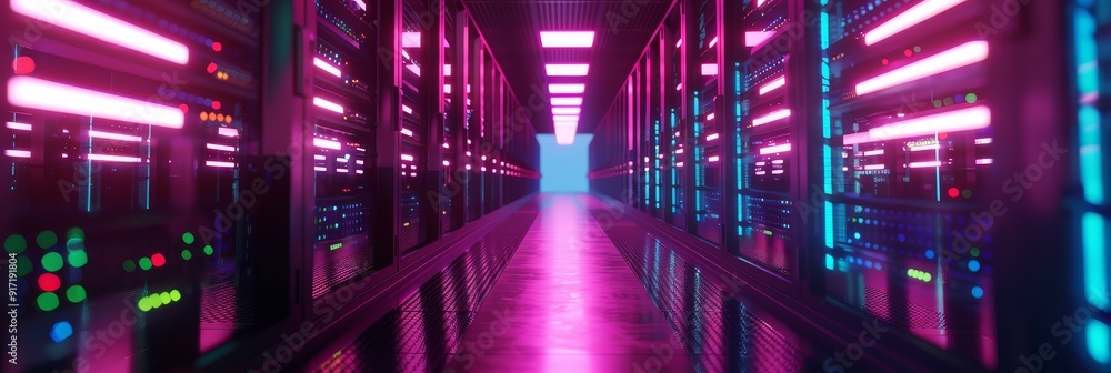 Poster futuristic data center with glowing neon lights and advanced server technology showcasing modern and