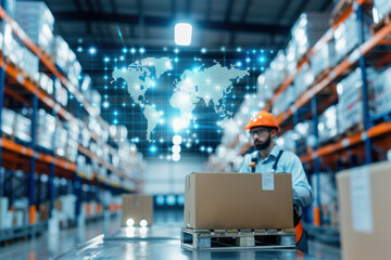 A warehouse worker manages boxes with a digital world map overlay, showcasing inventory management and logistics technology.
