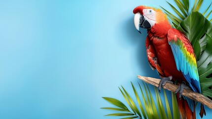 Obraz premium Vibrant scarlet macaw perched on branch with tropical leaves against blue background, showcasing colorful feathers and exotic beauty.