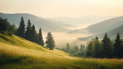 Obraz premium A tranquil view of the hazy Carpathian mountains, capturing the soft beauty and peaceful atmosphere of this natural landscape.