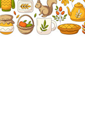 Autumn vertical a4 poster with space for text. Colorful upper border frame with fall seasonal cozy elements. For card, banner, invitation, social media, festival or planner.