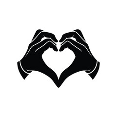 Obraz premium Hands heart black silhouette on white background, Hand heart love gesture black silhouette icon. Hand heart black silhouette icon isolated on a white background. Love hands design element. 