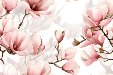 Seamless Vintage Watercolor White, Pink Magnolia French Floral with Leaves Textile, Fabric Design, and Elegant Home Styling on White Background, HD wall Stickers, Wallpaper