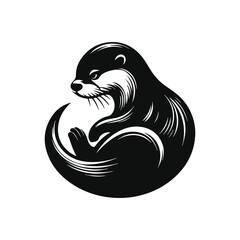 Otter silhouette vector mamal wild  animal black  and white sketch.