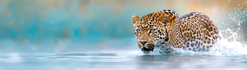 A majestic leopard wades through water, showcasing its powerful presence in the wild. Perfect for nature and wildlife enthusiasts.