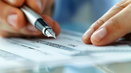 Person signing a check with a fountain pen
