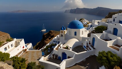 Fototapeta premium Santorini: Escapada Romántica a las Islas Griegas con Vistas al Mar y Arquitectura Blanca
