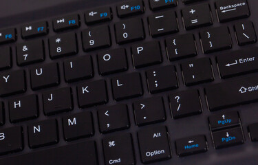 Close up of a black computer keyboard showing keys with alphabet and punctuation marks