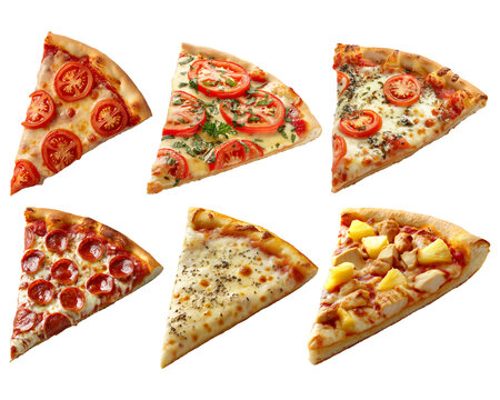 Collection set of different types of pizza slices icons isolated on white background. Cute photo realistic six food stickers