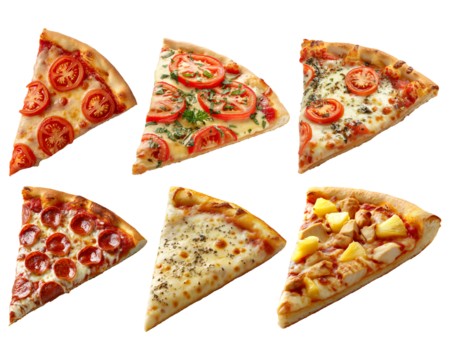 Collection set of different types of pizza slices icons isolated on white background. Cute photo realistic six food stickers