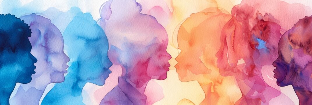 Create a stunning watercolor graphic illustration depicting a theme of leadership, showcasing a diverse group of people united and cooperating, blending vibrant and subtle hues with intricate details.