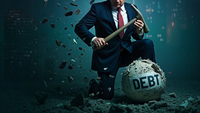 Breaking Free From Debt, A powerful image of a businessman battling financial hardship. He kneels amidst the debris of his debt, striking at a massive ball labeled "DEBT" with a hammer.