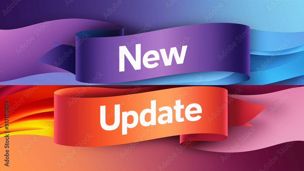 Poster new update ribbon banner with vibrant dual-color gradient background and flowing curves – dynamic an