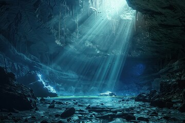 Mysterious and Eerie Cave with Beams of Light