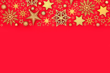 Christmas red gold snowflake star festive background border. Festive elegant vibrant holiday backdrop decor design for Noel Xmas Yule greeting card, label, gift tag.
