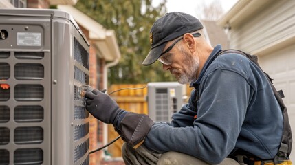 Repairman fixing broken HVAC unit in home