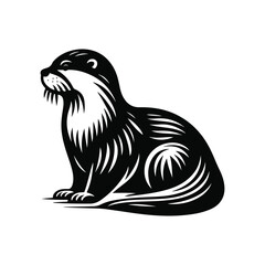 Otter silhouette vector mamal wild  animal black  and white sketch.