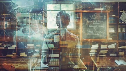 Fototapeta premium A young man sits in a library, immersed in the pursuit of knowledge. The bookshelves behind him are blurred, symbolizing the vastness of information. The chalkboard on the wall hints at the educationa