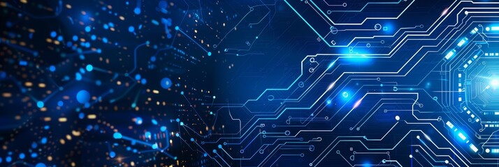 digital transformation, wallpaper with copy space, technology background, vibrant flat design, modern interface elements, sleek and minimalistic layout, blue and silver tones, abstract geometric shape