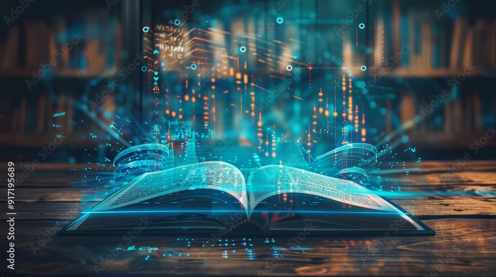 Poster open book with futuristic stock market graphs overlay symbolizing the intersection of finance and kn