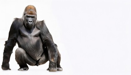 Gorillas are herbivorous, predominantly ground dwelling great apes that inhabit the tropical forests of Africa. Isolated on white background. They live in troops, with the leader called a silverback