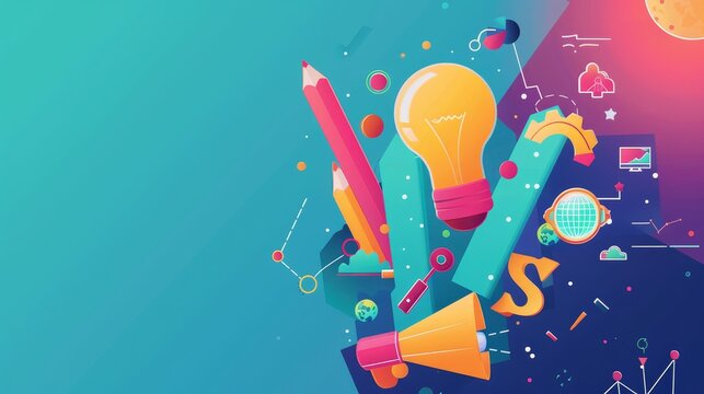 Entrepreneurship-themed wallpaper with ample copy space, flat design, vibrant color palette, modern icons and symbols representing business, innovation, and growth, ideal for stock photos. --ar 16:9 J