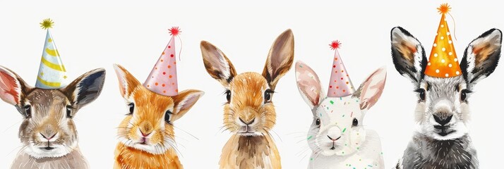 Animals wearing party hats, hyper realistic, vibrant party theme, cute watercolor style, colorful decorations on white background, joyful expressions, festive atmosphere, whimsical party day scene. --