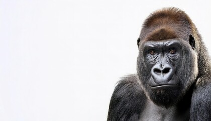 Obraz premium Gorillas are herbivorous, predominantly ground dwelling great apes that inhabit the tropical forests of Africa. Isolated on white background. They live in troops, with the leader called a silverback