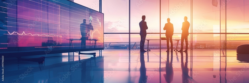 Poster performance management, business professionals in a modern office setting analyzing charts and data 
