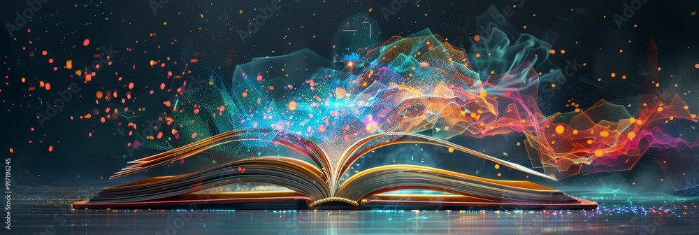 Poster open book with colorful data visualizations emerging symbolizing the intersection of knowledge and t