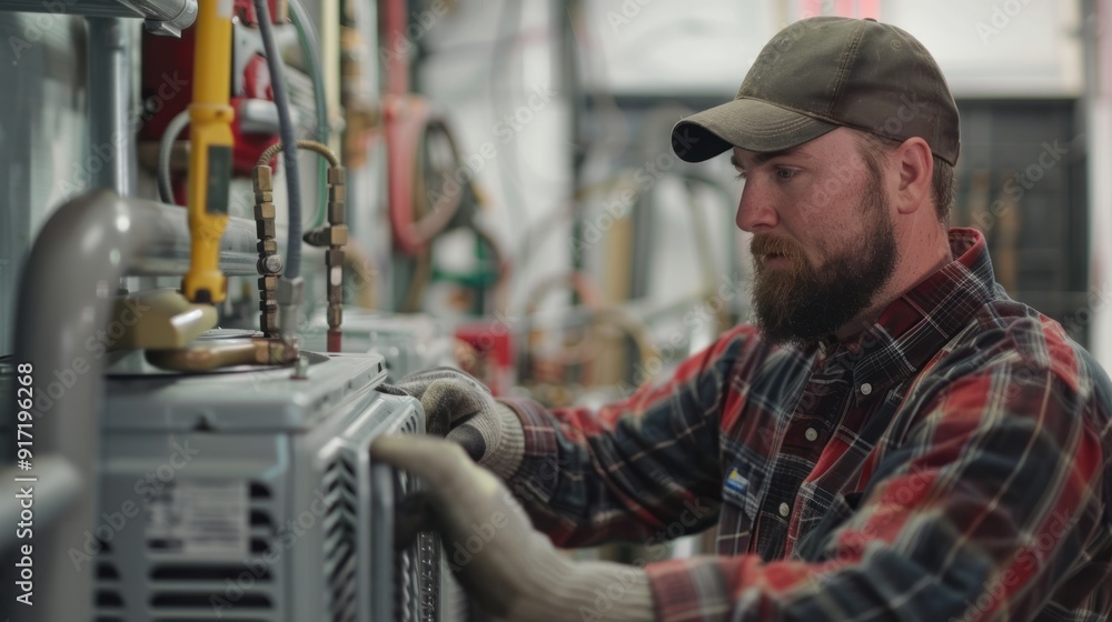 Poster technician working on hvac system with tools in background