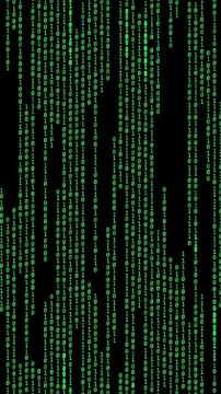 Animated background in digital matrix style with cascade of green binary numbers on black background.