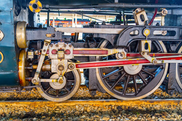 Wheels of an old retro steam train locomotive