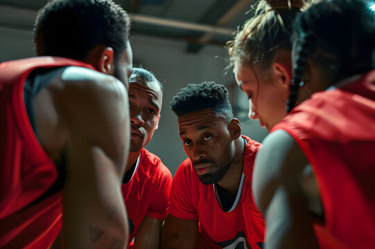 A focused basketball team huddles together during a timeout, discussing strategies and game plans in a high-pressure moment.