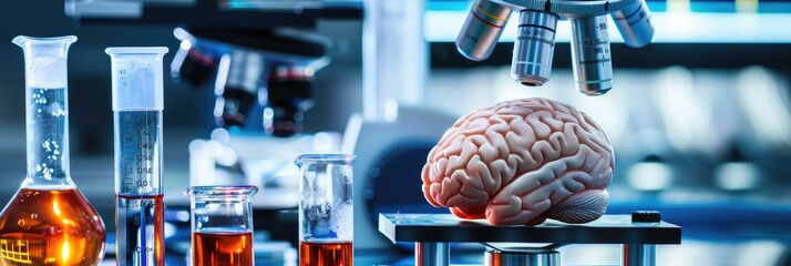 An image of a brain with laboratory equipment, symbolizing scientific research and discoveries