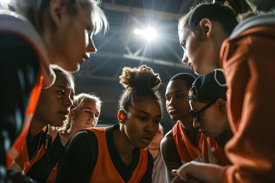 A basketball team intensely huddled together, strategizing under the bright arena lights during an intense game moment.