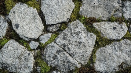 A close-up view of textured stones with patches of moss and greenery.