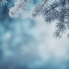 Obraz premium A peaceful winter scene featuring snow-covered pine branches set against a soft blue sky, evoking a serene atmosphere of tranquility and calmness in a beautiful snowy landscape.