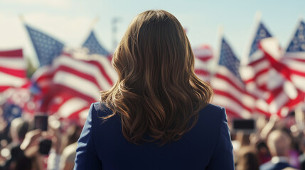female politician wearing navy blue pantsuit from behind looking over crowd of american supporters with flags