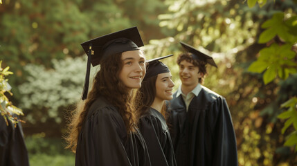 Graduation Day: Students in caps and gowns celebrating graduation with space for personalized messages