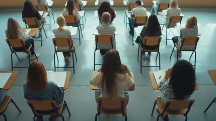 Exam Time: Students focused on taking exams in a classroom setting, with copy space for exam tips or encouragement