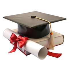 A graduation cap and gown with a diploma on transparent background