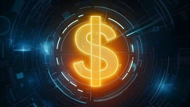 Shining Dollar symble Sign with Conceptual Advanced Components on Dim Foundation. 3D Delivering