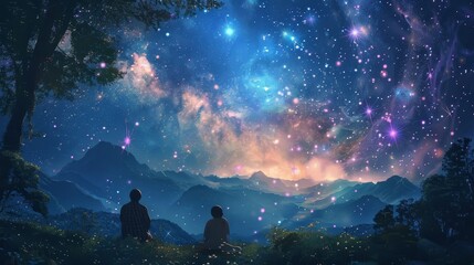 Fototapeta premium Two figures stand silhouetted against the backdrop of a breathtaking starry night, symbolizing wonder, connection, and the vastness of the universe. Mountains and a tree add to the sense of awe and so