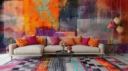 Colorful wallpaper enhances living room with couch