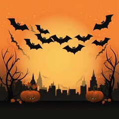 A Halloween cityscape depicting bats soaring under an orange sky. Carved pumpkins, leafless trees, and towering buildings set a spooky ambiance for the holiday celebrations.