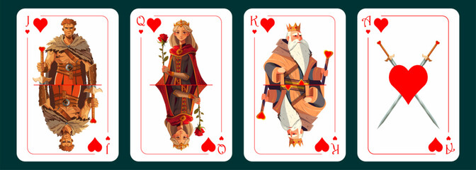 Fototapeta premium Jack of hearts, queen of hearts, king of hearts, ace of hearts. Playing cards design. Vector illustration