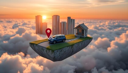 miniature piece of land floating on clouds with a modern city skyline and a bright red location pin