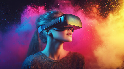 Head side shot, photorealistic of young girl is wearing VR glasses show excitement amid a rainbow-colored dust explosion. Virtual reality experience in 3D and focused on social and economic connection
